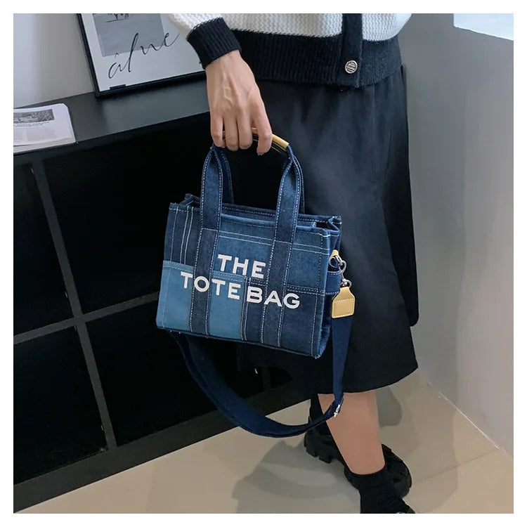 Trendy Denim Tote Bag – Embroidered Shoulder & Crossbody Handbag for Women - Aussies Aura