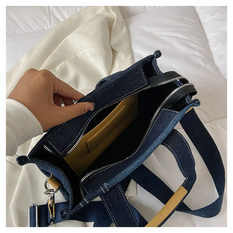 Trendy Denim Tote Bag – Embroidered Shoulder & Crossbody Handbag for Women - Aussies Aura