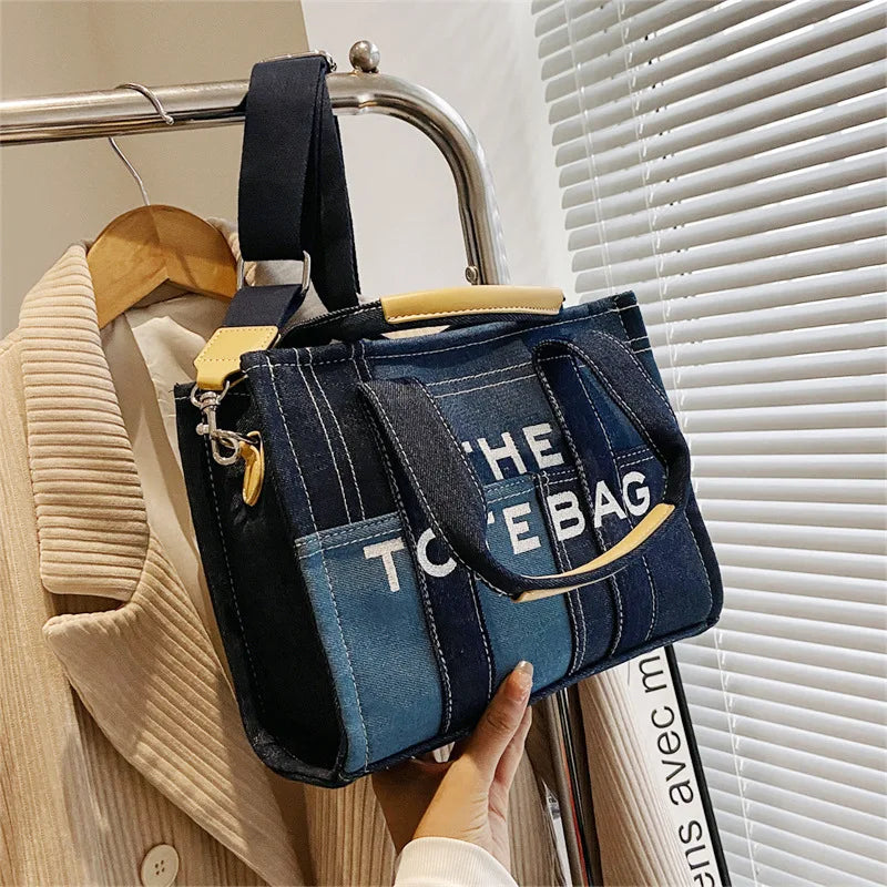 Trendy Denim Tote Bag – Embroidered Shoulder & Crossbody Handbag for Women - Aussies Aura