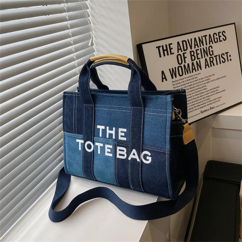 Trendy Denim Tote Bag – Embroidered Shoulder & Crossbody Handbag for Women - Aussies Aura