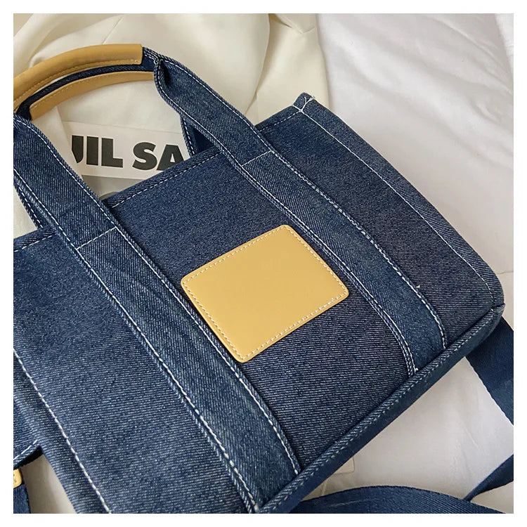 Trendy Denim Tote Bag – Embroidered Shoulder & Crossbody Handbag for Women - Aussies Aura