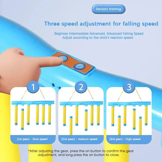 Hand adjusting a speed control on a toy with text about sensory training and speed adjustment.
