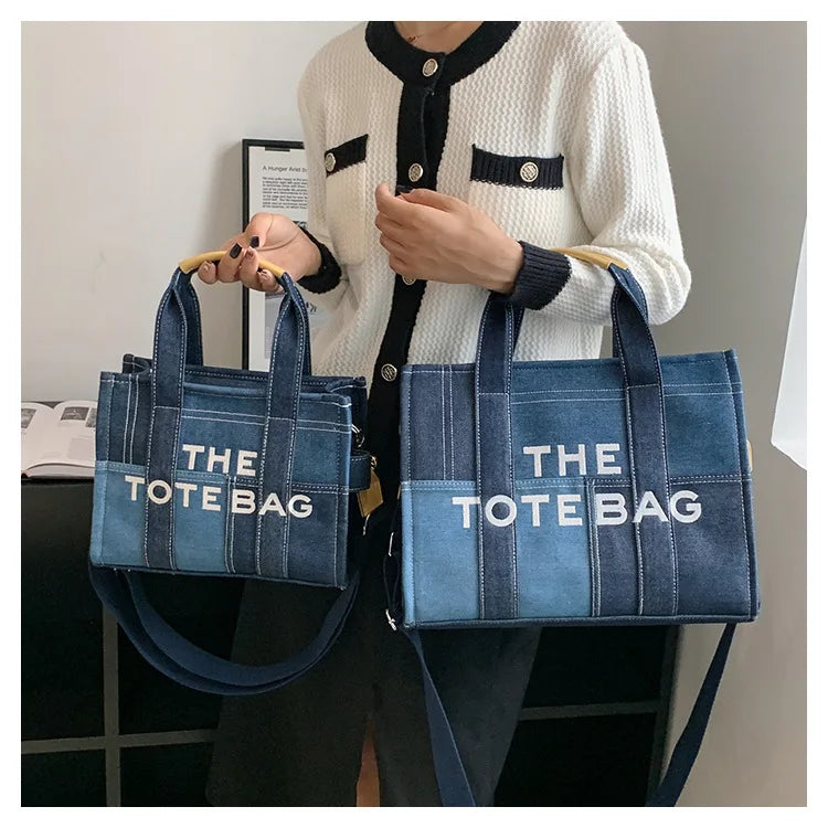 Trendy Denim Tote Bag – Embroidered Shoulder & Crossbody Handbag for Women - Aussies Aura