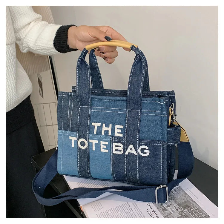 Trendy Denim Tote Bag – Embroidered Shoulder & Crossbody Handbag for Women - Aussies Aura