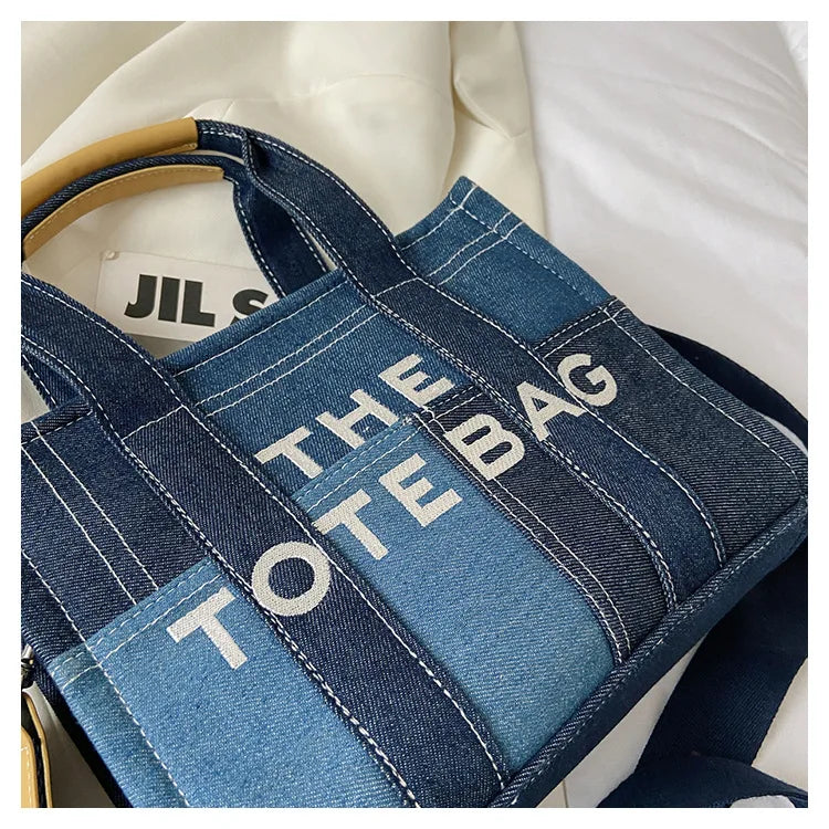 Trendy Denim Tote Bag – Embroidered Shoulder & Crossbody Handbag for Women - Aussies Aura