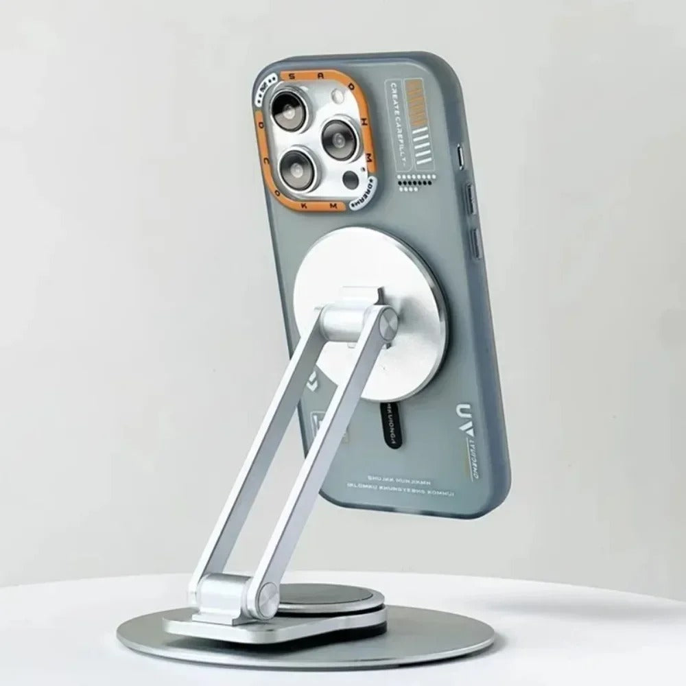 Metal bracket kickstand holding a shockproof iPhone 17 Pro case for hands-free vertical viewing.