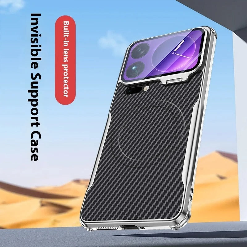 Xiaomi 17 Pro Max case with the magnetic kickstand deployed for hands-free viewing.