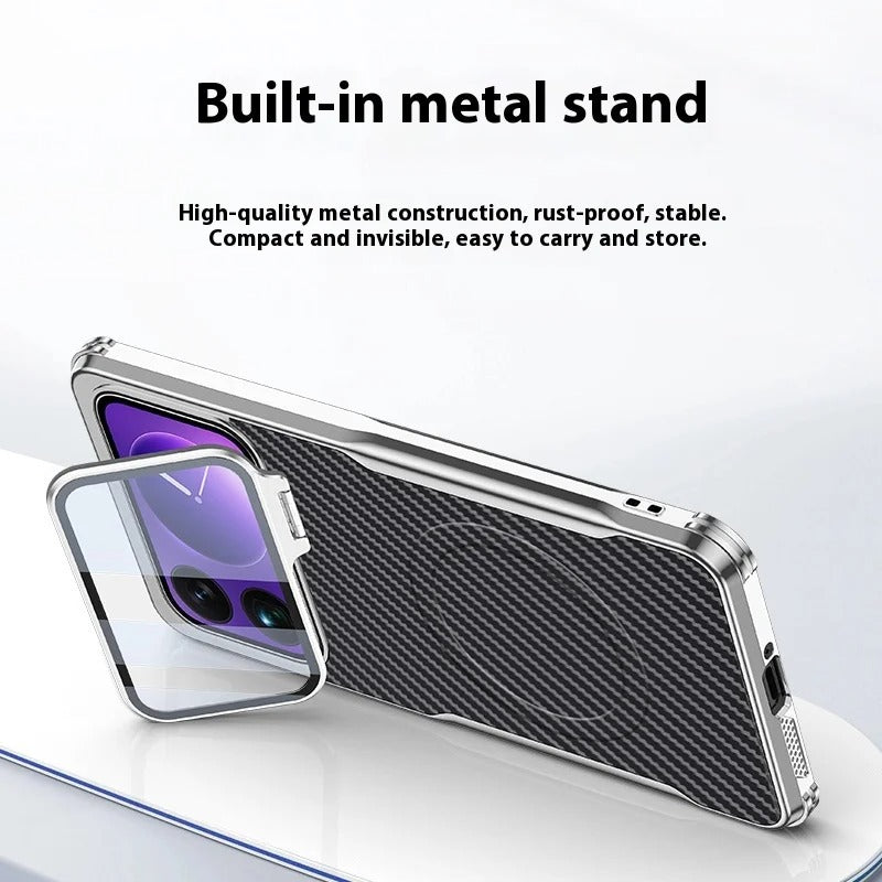Carbon fiber case for Xiaomi 17 Pro Max attached to a MagSafe wireless charger.