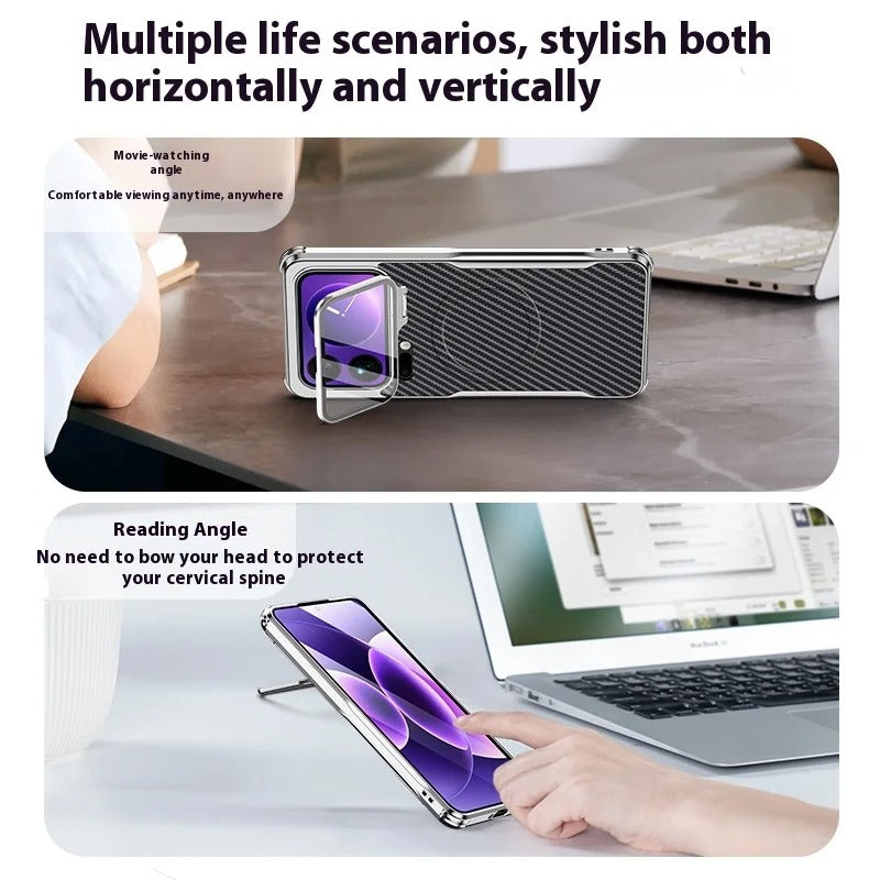 Carbon fiber case for Xiaomi 17 Pro Max attached to a MagSafe wireless charger.