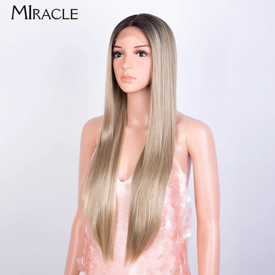 Mannequin head with long blonde wig on a white background, featuring the brand 'Miracle'.