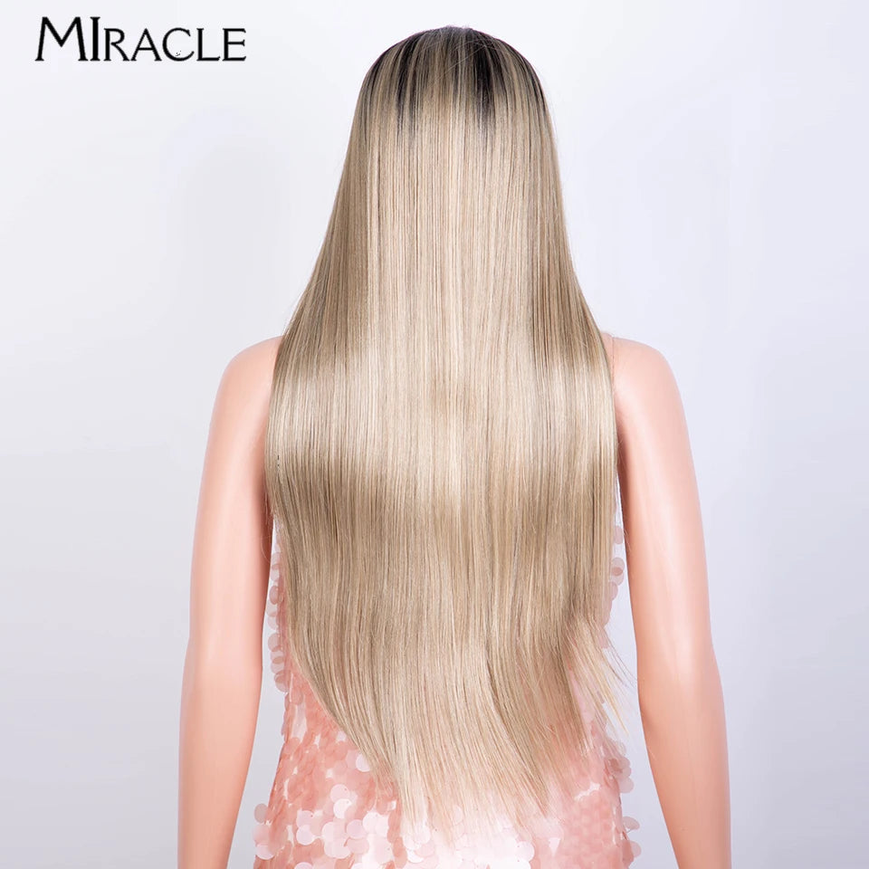 Person with long blonde hair styled in a straight manner, wearing a pink dress, on a light gray background with 'Miracle' branding.