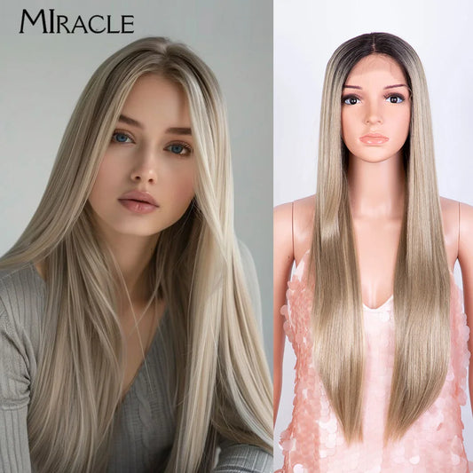Comparison of a real person with long blonde hair and a mannequin head with long blonde hair, both labeled 'Miracle'.