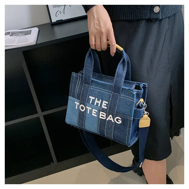 Trendy Denim Tote Bag – Embroidered Shoulder & Crossbody Handbag for Women - Aussies Aura