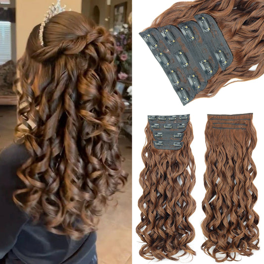4Pcs Clip-In Hair Extensions – Long Curly Wavy Synthetic Hairpiece for Women - Aussies Aura