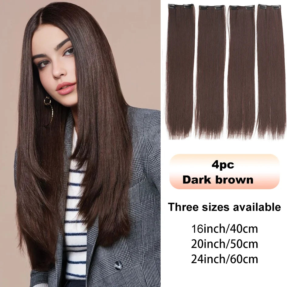4-Piece Synthetic Straight Hair Extensions – 16/20/24 Inch Clip-In Wig for Women (Black & Brown) - Aussies Aura