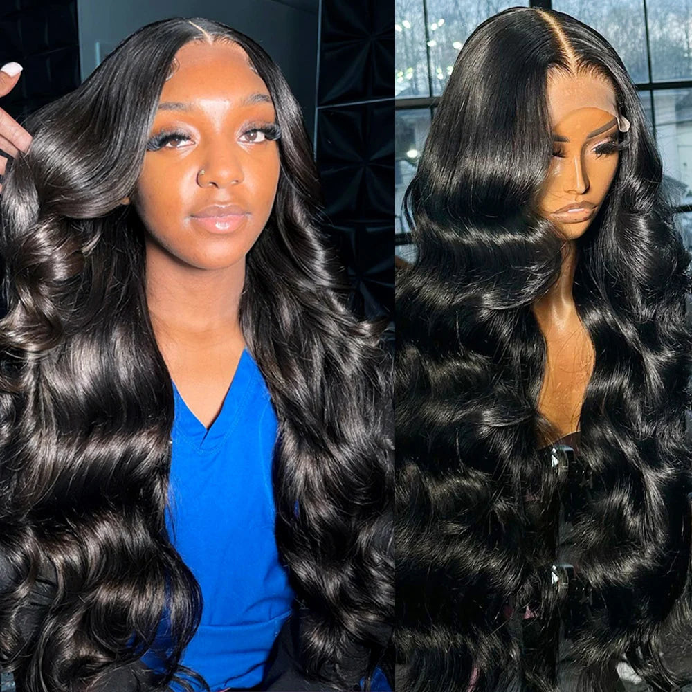 Two images of a person with long, wavy black hair styled differently.