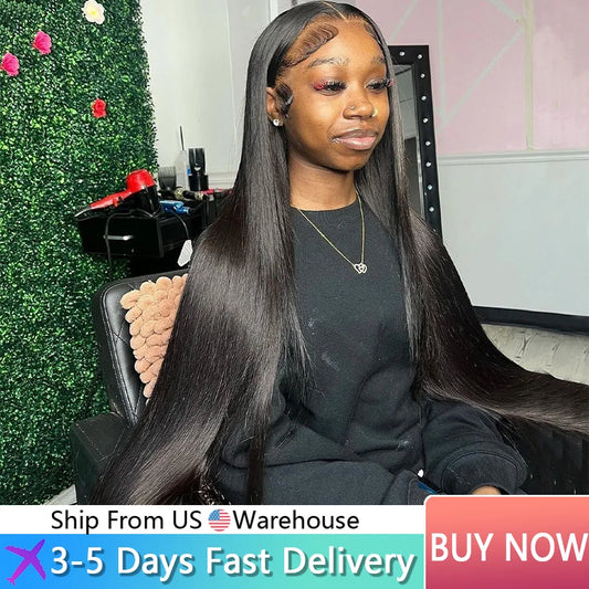 Woman with long hair sitting in a salon chair with promotional text overlay.