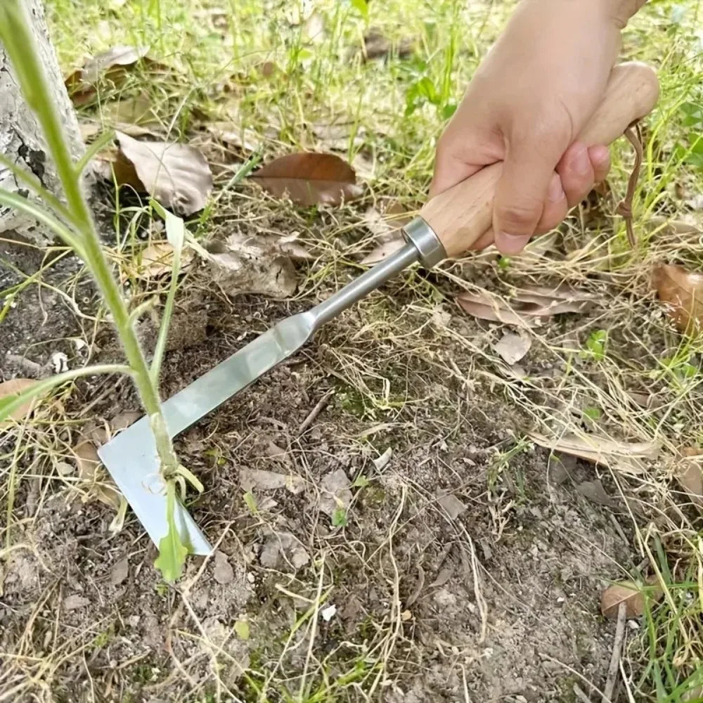 Brick joint weeding tool with wooden handle for lawn, garden, and patio gap cleaning
