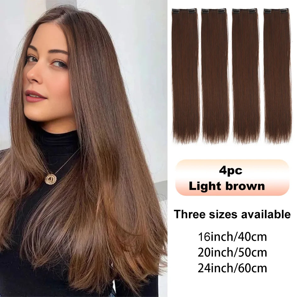4-Piece Synthetic Straight Hair Extensions – 16/20/24 Inch Clip-In Wig for Women (Black & Brown) - Aussies Aura