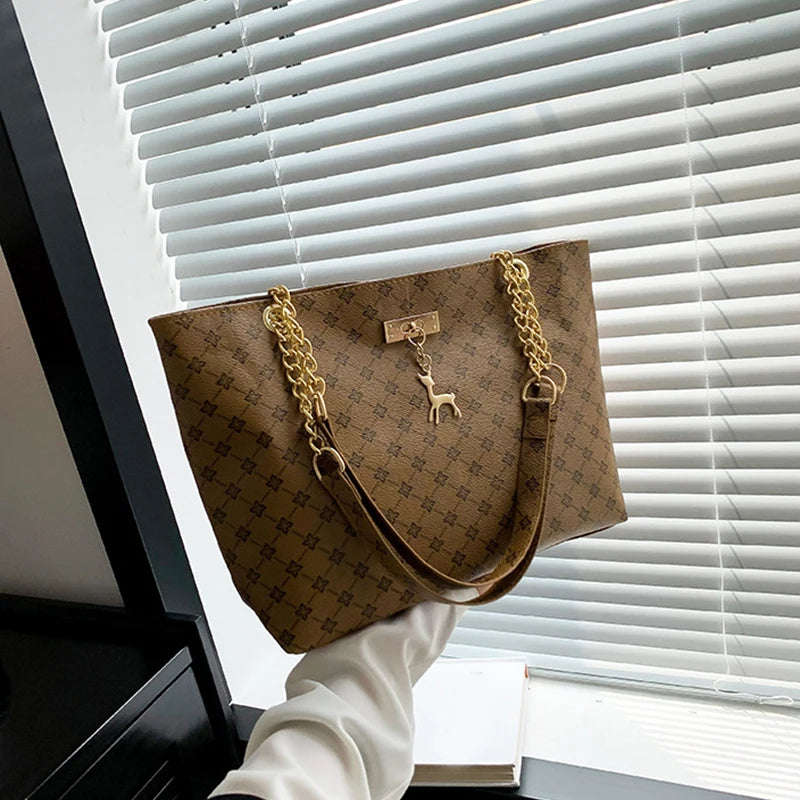 New Luxury Presbyopia Tote Bag – Large Capacity Soft Leather Shoulder Bag with Gold Chain | Designer Style Women’s Handbag - Aussies Aura