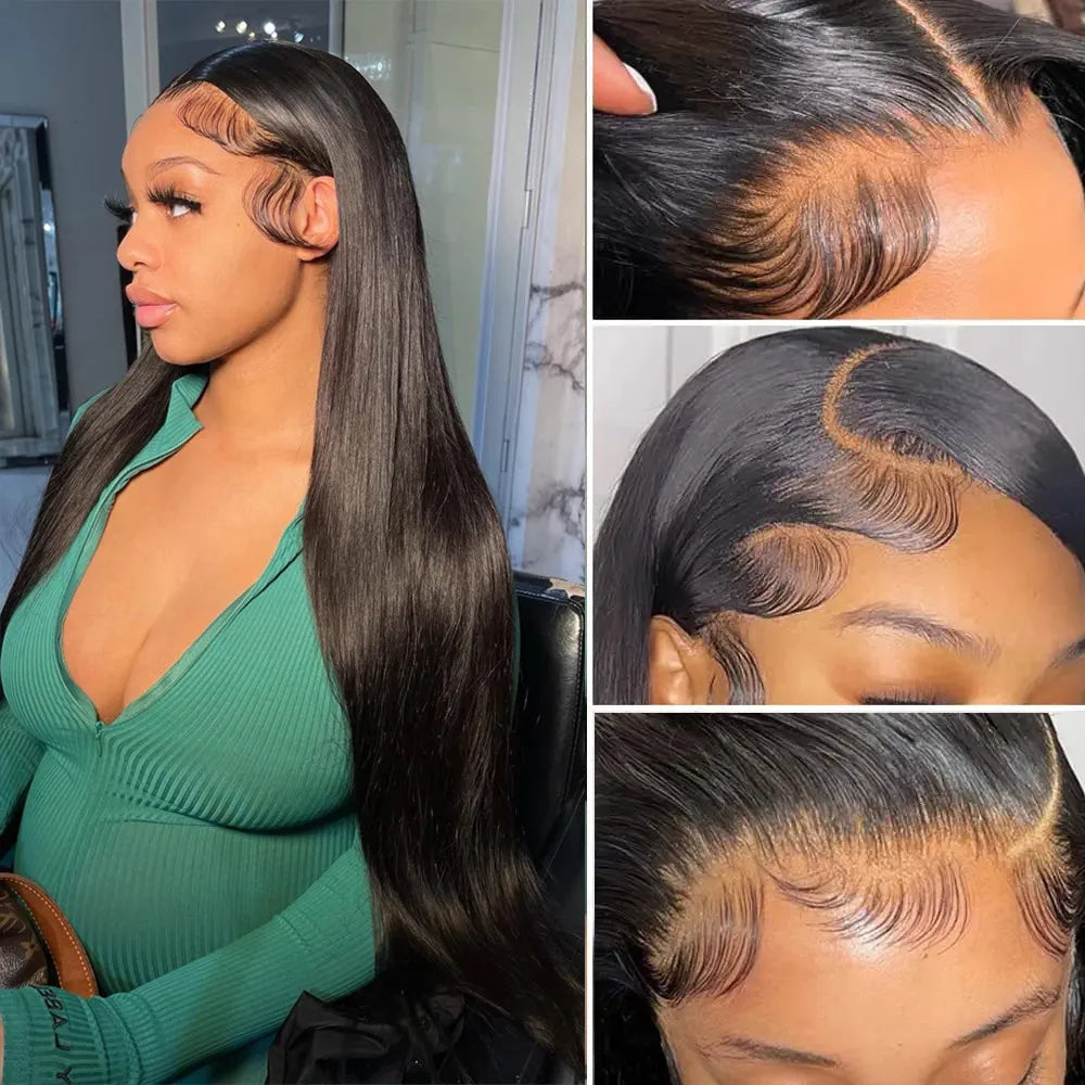 Woman with long black hair and close-up shots of hairline and lace front wig.