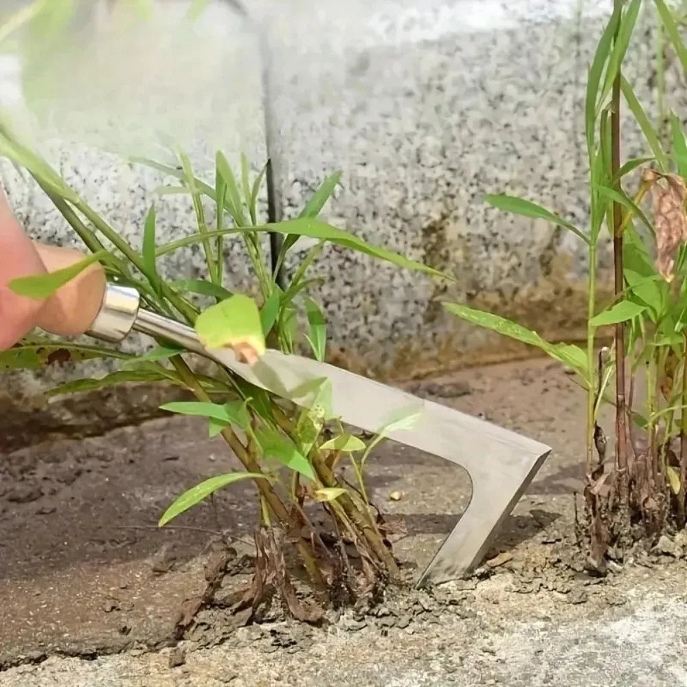 Brick joint weeding tool with wooden handle for lawn, garden, and patio gap cleaning
