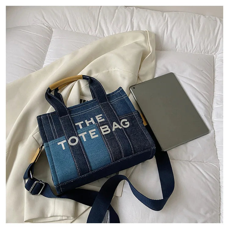 Trendy Denim Tote Bag – Embroidered Shoulder & Crossbody Handbag for Women - Aussies Aura