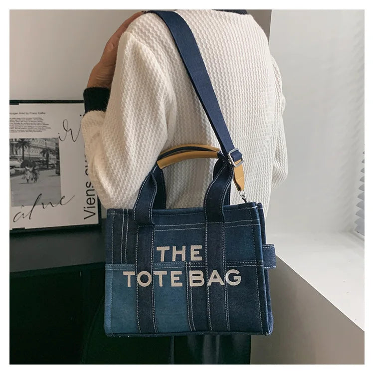 Trendy Denim Tote Bag – Embroidered Shoulder & Crossbody Handbag for Women - Aussies Aura