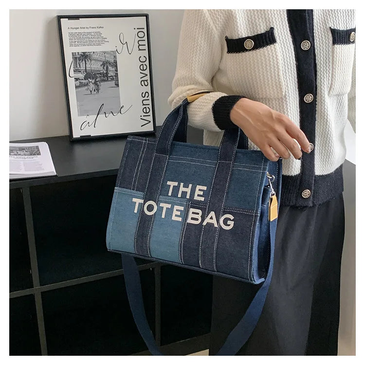 Trendy Denim Tote Bag – Embroidered Shoulder & Crossbody Handbag for Women - Aussies Aura