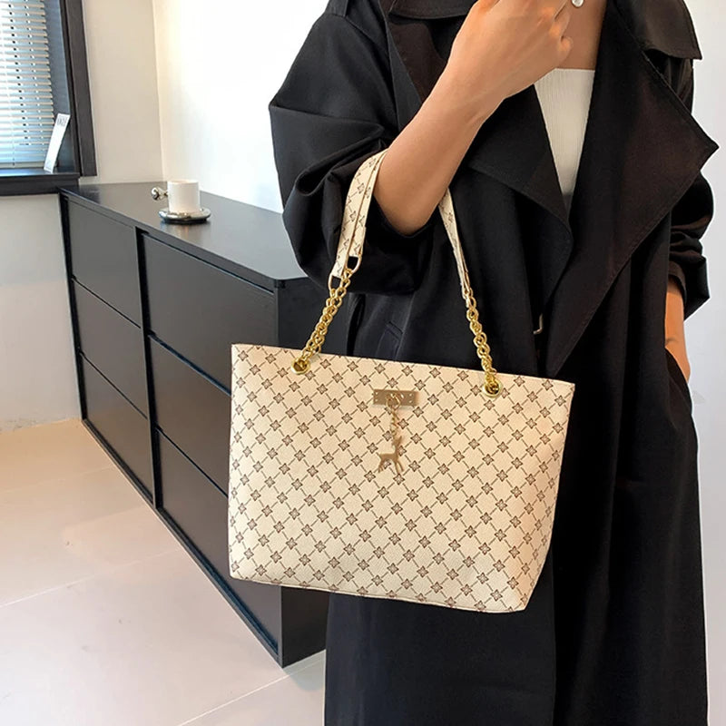 New Luxury Presbyopia Tote Bag – Large Capacity Soft Leather Shoulder Bag with Gold Chain | Designer Style Women’s Handbag - Aussies Aura