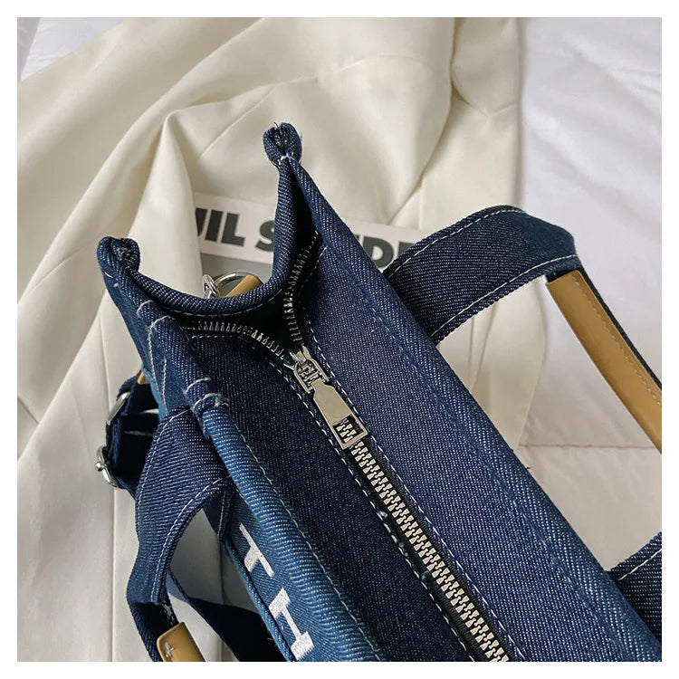 Trendy Denim Tote Bag – Embroidered Shoulder & Crossbody Handbag for Women - Aussies Aura