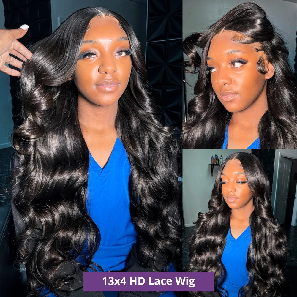 Woman with styled hair, featuring a 13x4 HD lace wig, in a collage format.