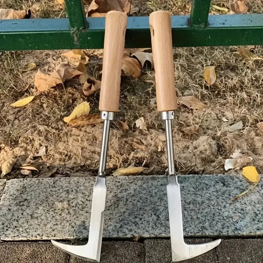 Brick joint weeding tool with wooden handle for lawn, garden, and patio gap cleaning