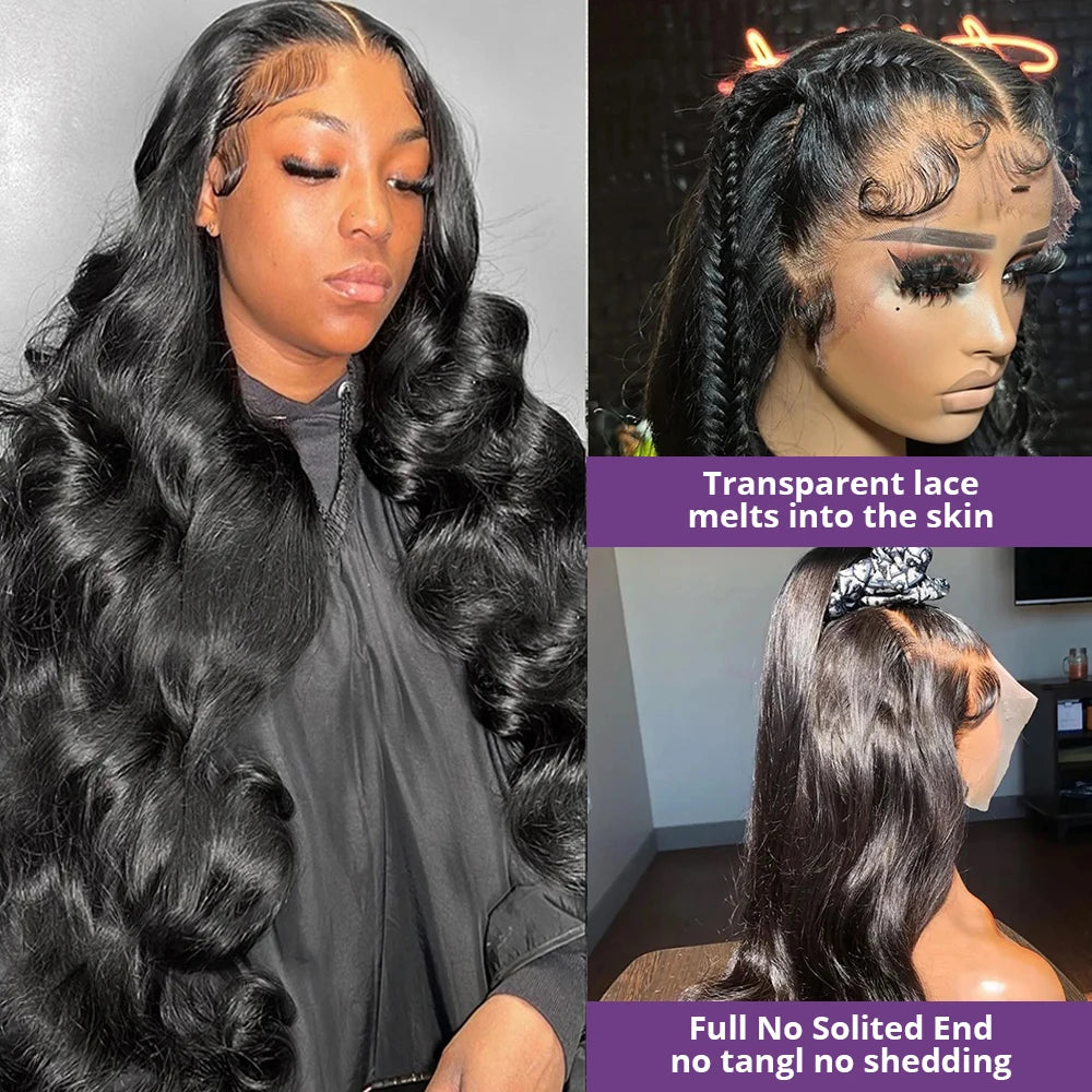 Collage of a woman with styled hair and a mannequin head wearing a wig with transparent lace.