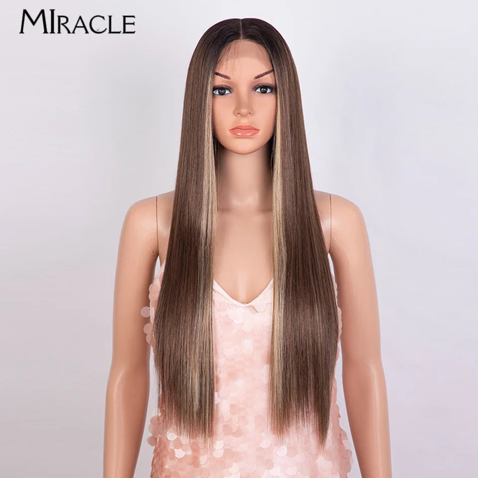 MIRACLE Synthetic Lace Front Wig – 30 Inch Long Straight Heat Resistant Ombre Blonde/Ginger Wig for Women - Aussies Aura