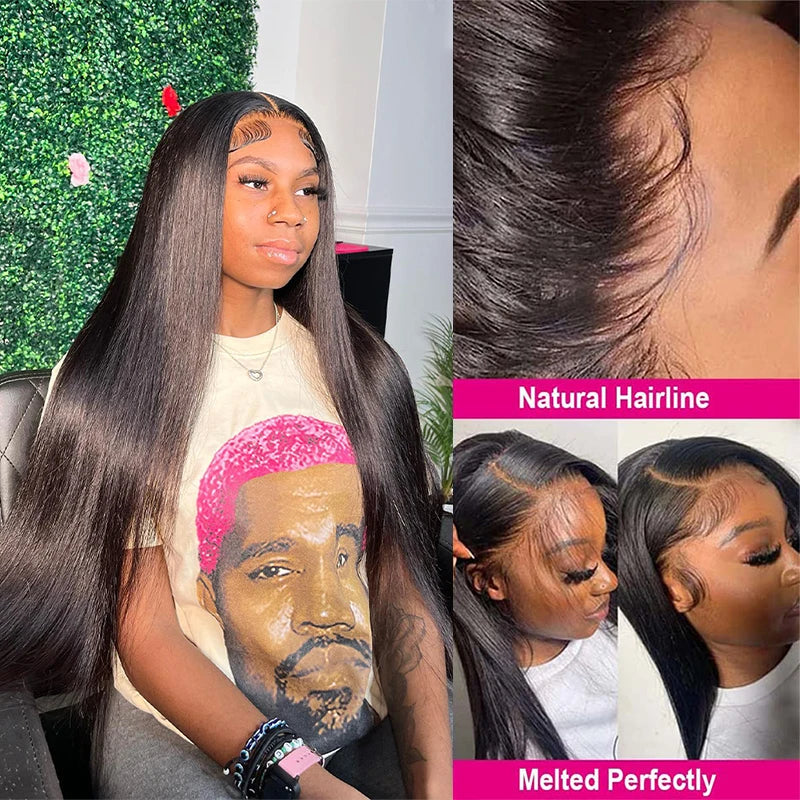 Woman with long hair, close-up of natural hairline, and side-by-side comparison of hair styles.