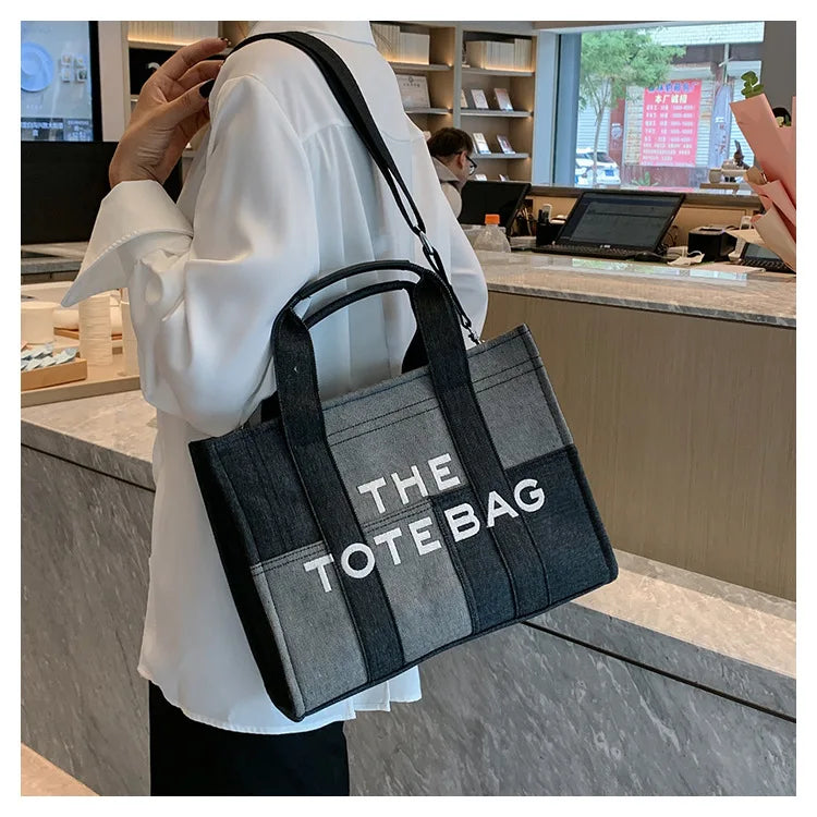 Trendy Denim Tote Bag – Embroidered Shoulder & Crossbody Handbag for Women - Aussies Aura