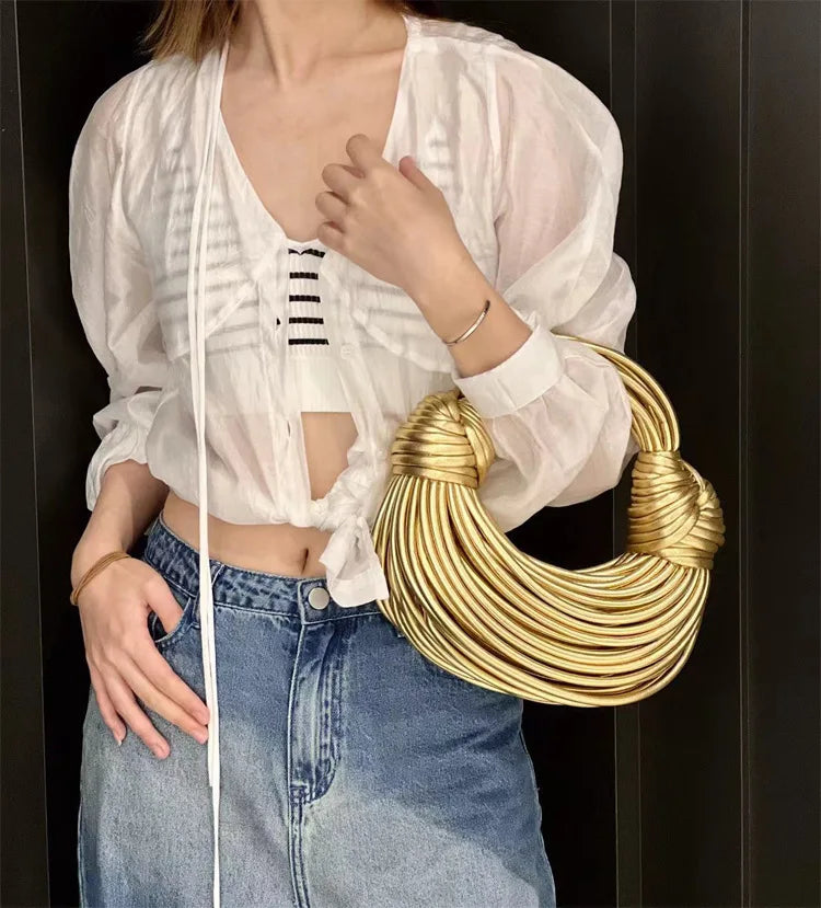 Luxury Handwoven Knot Handle Bag – Gold Designer Rope Hobo & Evening Clutch - Aussies Aura