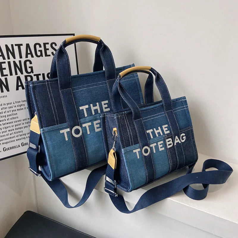 Trendy Denim Tote Bag – Embroidered Shoulder & Crossbody Handbag for Women - Aussies Aura