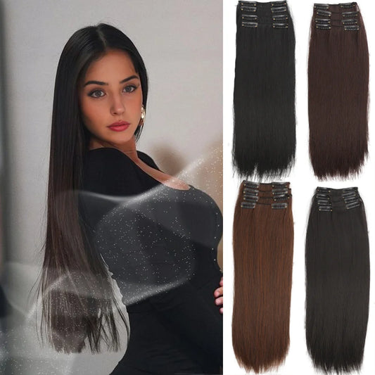4-Piece Synthetic Straight Hair Extensions – 16/20/24 Inch Clip-In Wig for Women (Black & Brown) - Aussies Aura