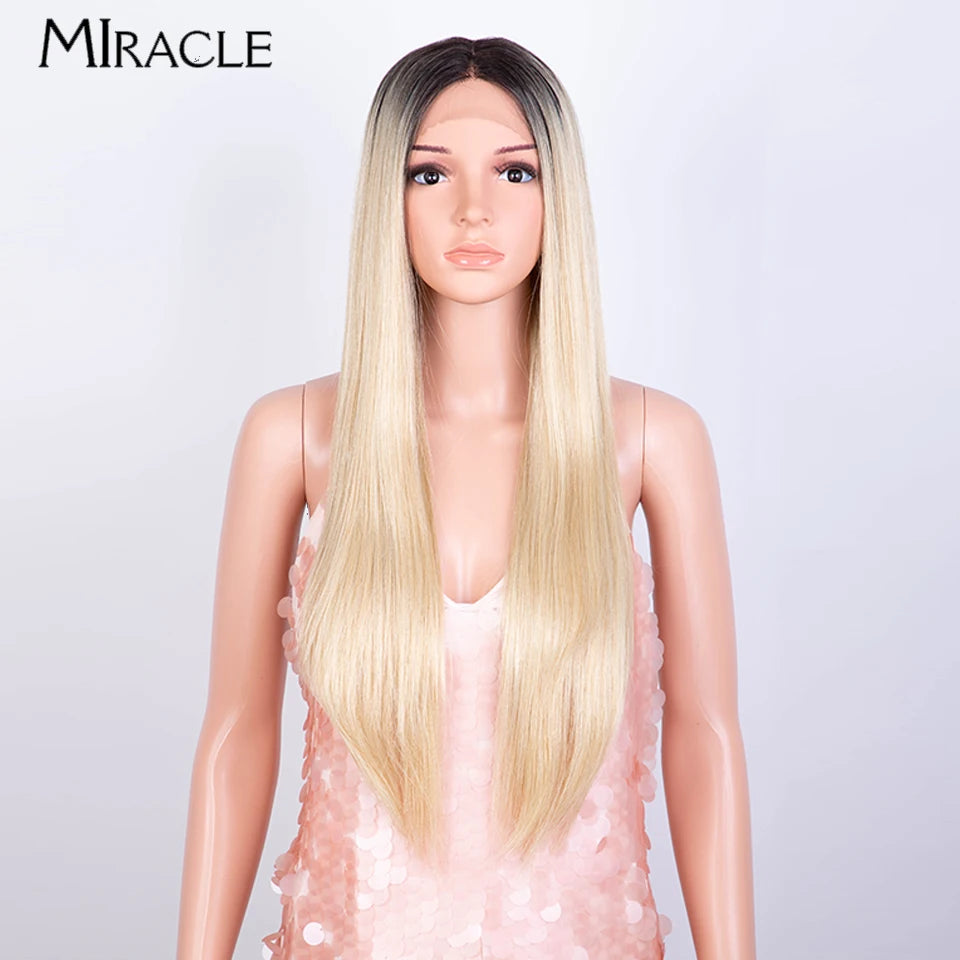 MIRACLE Synthetic Lace Front Wig – 30 Inch Long Straight Heat Resistant Ombre Blonde/Ginger Wig for Women - Aussies Aura