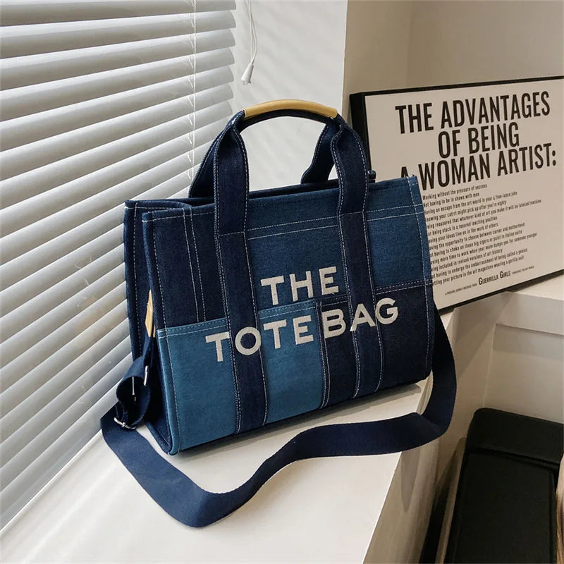 Trendy Denim Tote Bag – Embroidered Shoulder & Crossbody Handbag for Women - Aussies Aura
