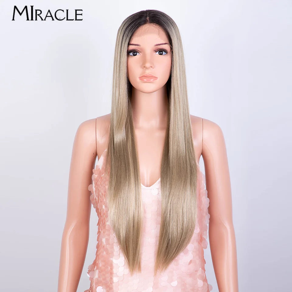 MIRACLE Synthetic Lace Front Wig – 30 Inch Long Straight Heat Resistant Ombre Blonde/Ginger Wig for Women - Aussies Aura