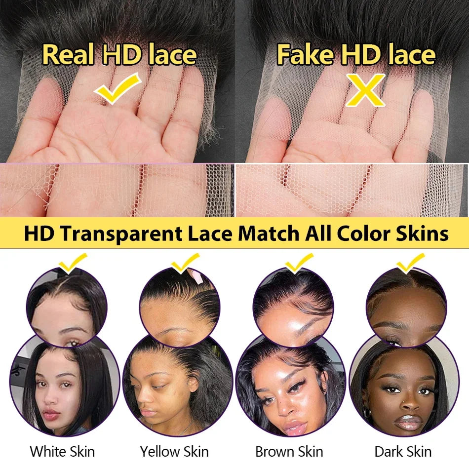 Comparison of real HD lace and fake HD lace with color match chart for different skin tones.