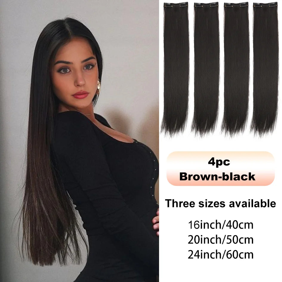4-Piece Synthetic Straight Hair Extensions – 16/20/24 Inch Clip-In Wig for Women (Black & Brown) - Aussies Aura