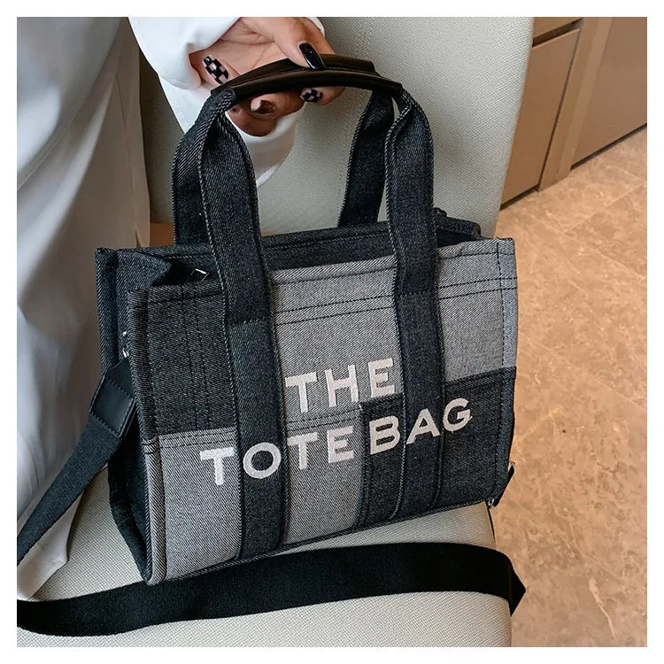 Trendy Denim Tote Bag – Embroidered Shoulder & Crossbody Handbag for Women - Aussies Aura