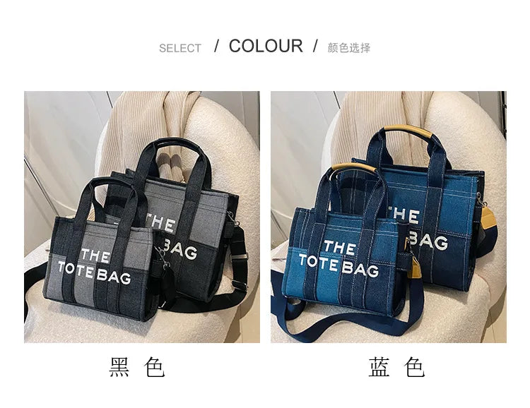 Two tote bags, one black and one blue, with 'THE TOTE BAG' text on a neutral background.