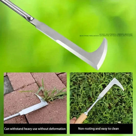 Brick joint weeding tool with wooden handle for lawn, garden, and patio gap cleaning