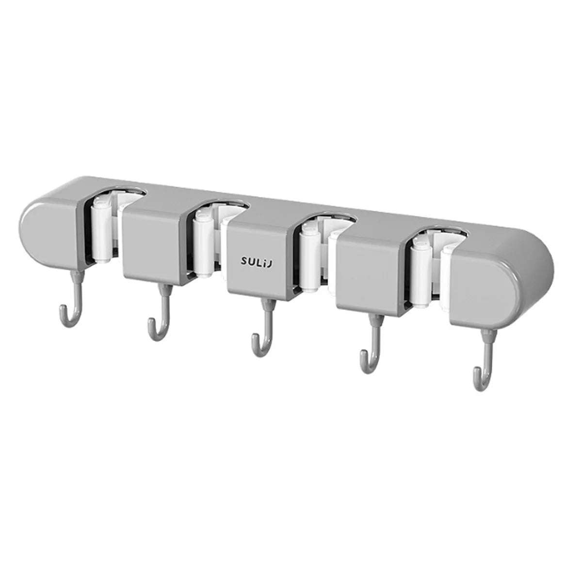 Chrome wall-mounted hook rack with multiple hooks on a white background