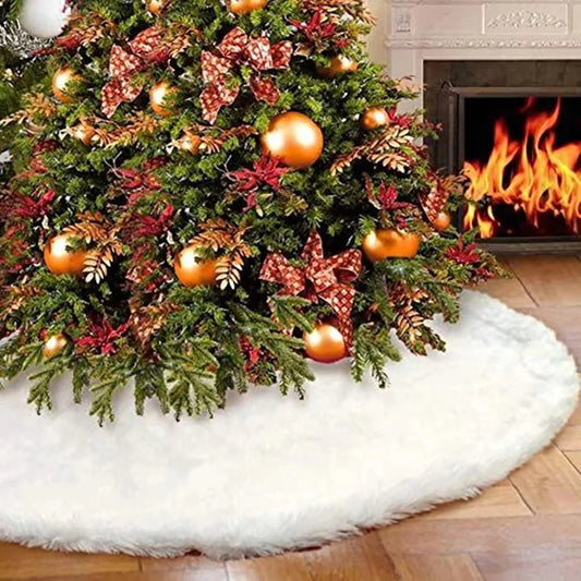 Luxury White Faux Fur Christmas Tree Skirt 48 Inch diameter beneath a flocked Christmas tree.
